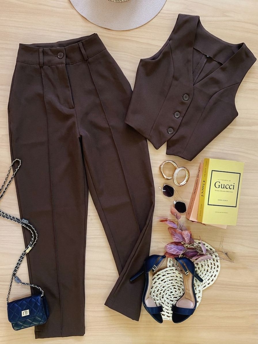 Conjunto Calca e Colete Suellen Marrom