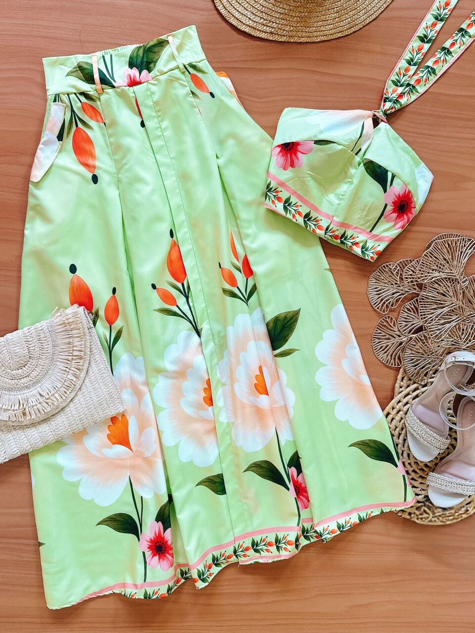 Conjunto Saia e Cropped Sabrina Estampado Verde