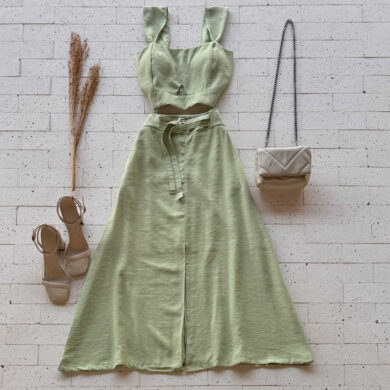 Dondoca_com_br Conjunto Marrant Cropped Alca Larga E Saia Midi Com Fenda Pistache