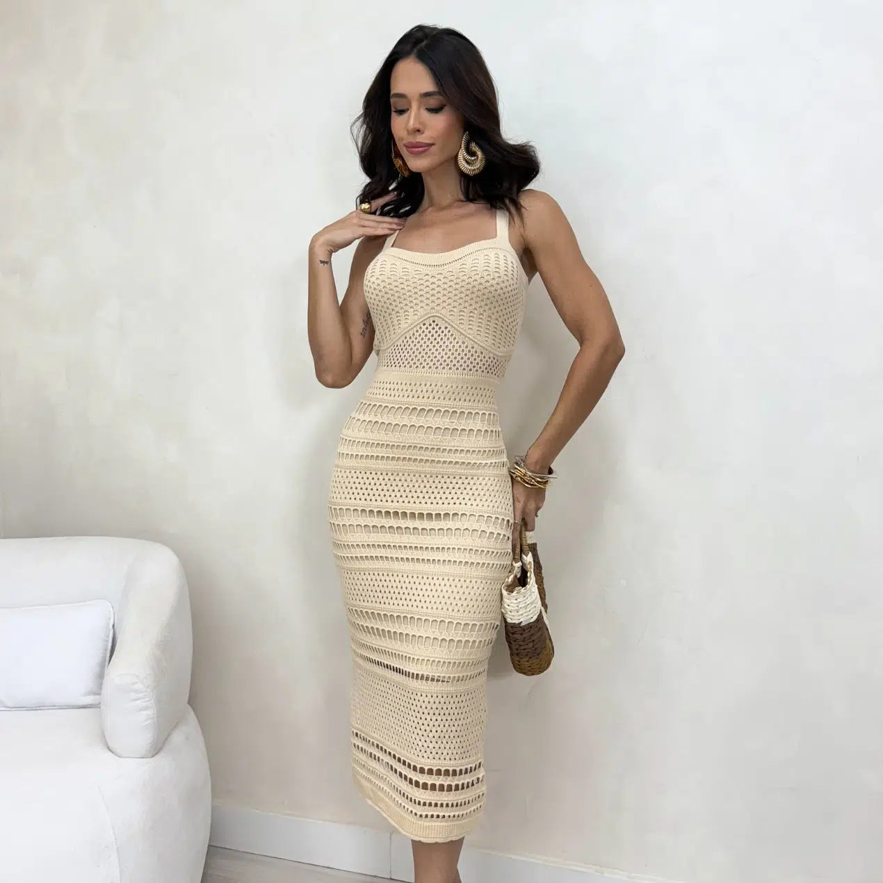 VESTIDO TRICO MIDI DETALHADO CREME