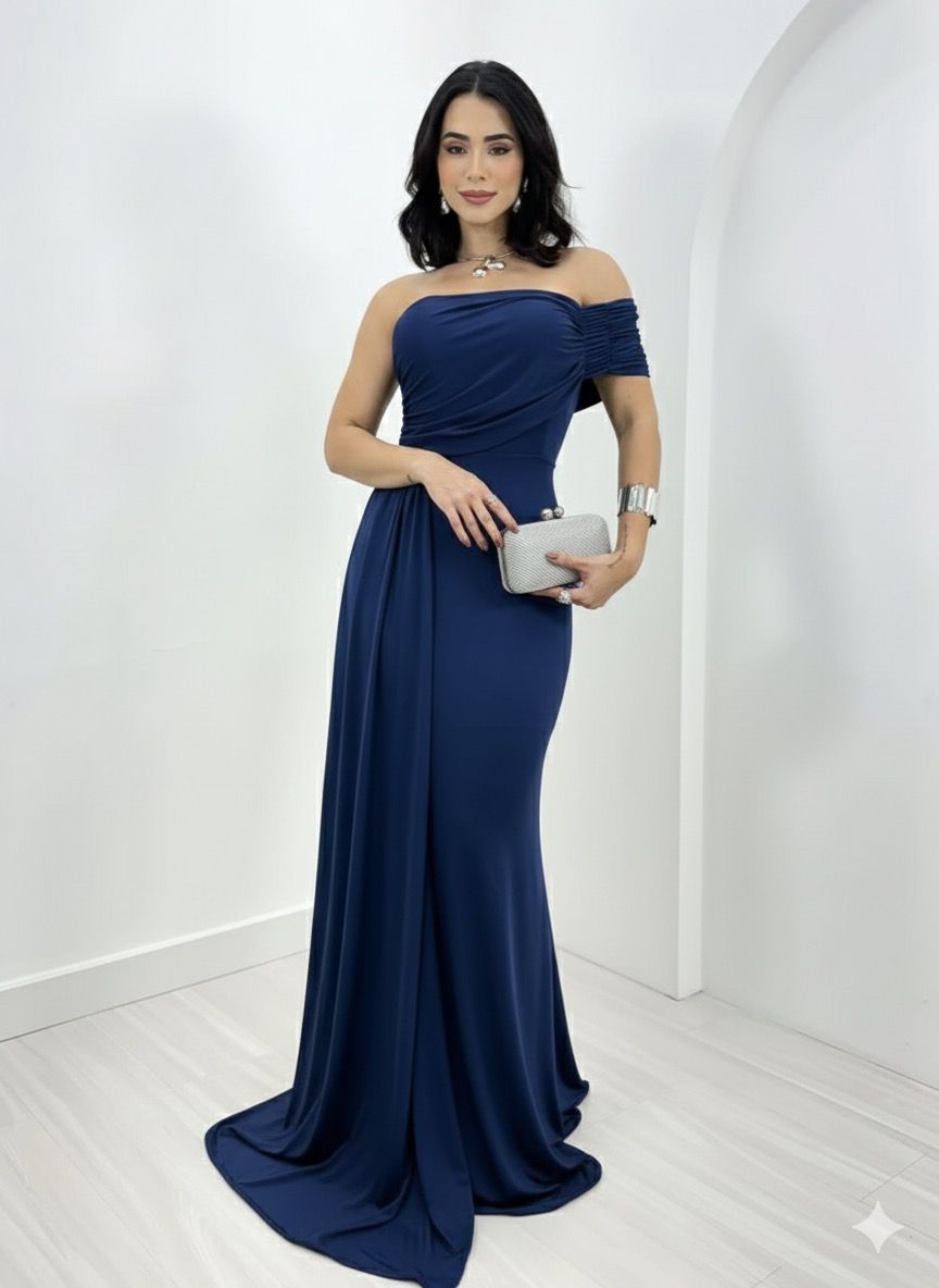 Vestido De Festa Longo Nula Manga Ivy Azul Marinho
