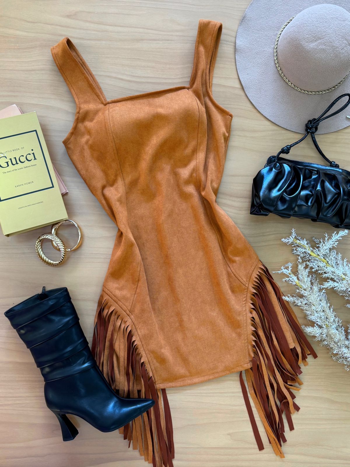 Vestido Sued Franja Sara Caramelo