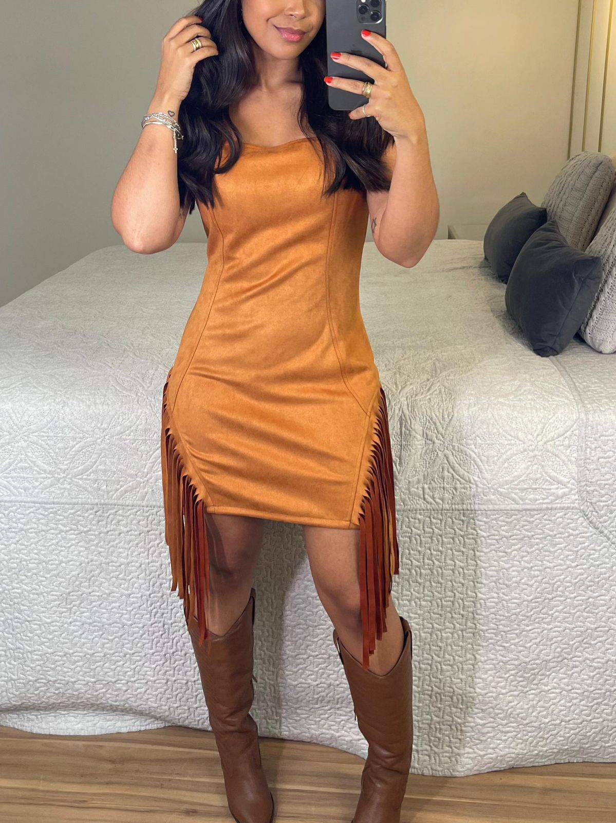 Vestido Sued Franja Sara Caramelo