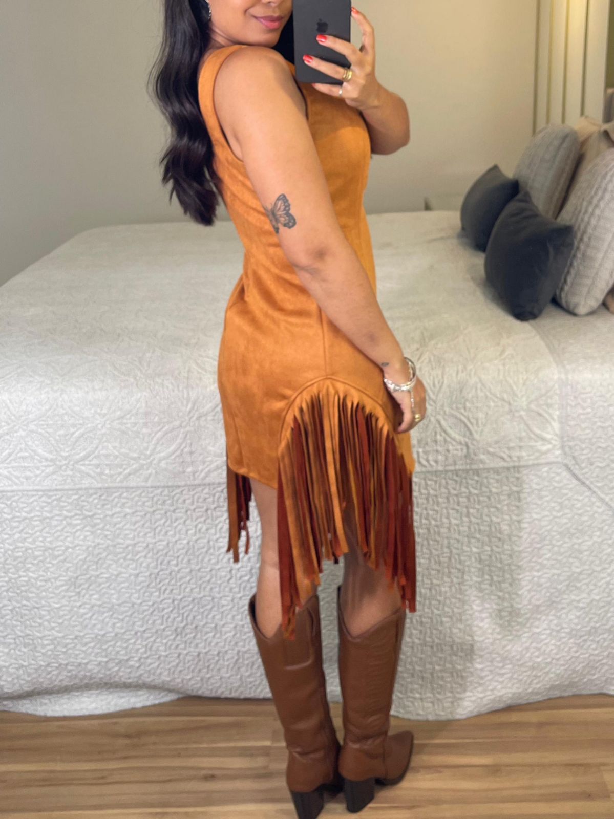 Vestido Sued Franja Sara Caramelo