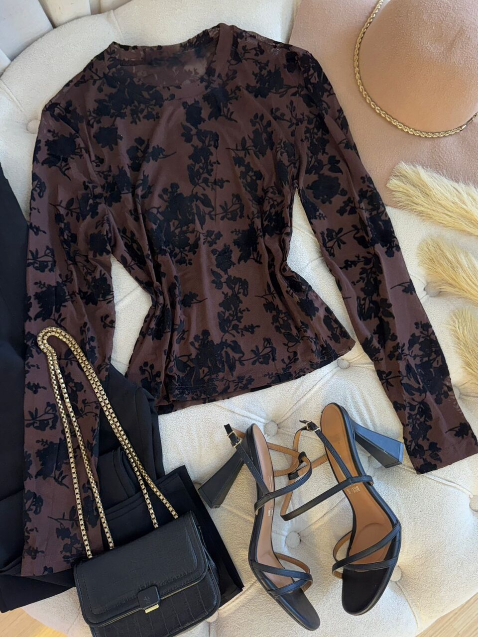Blusa Tule Veludo 3D Marcela Marrom