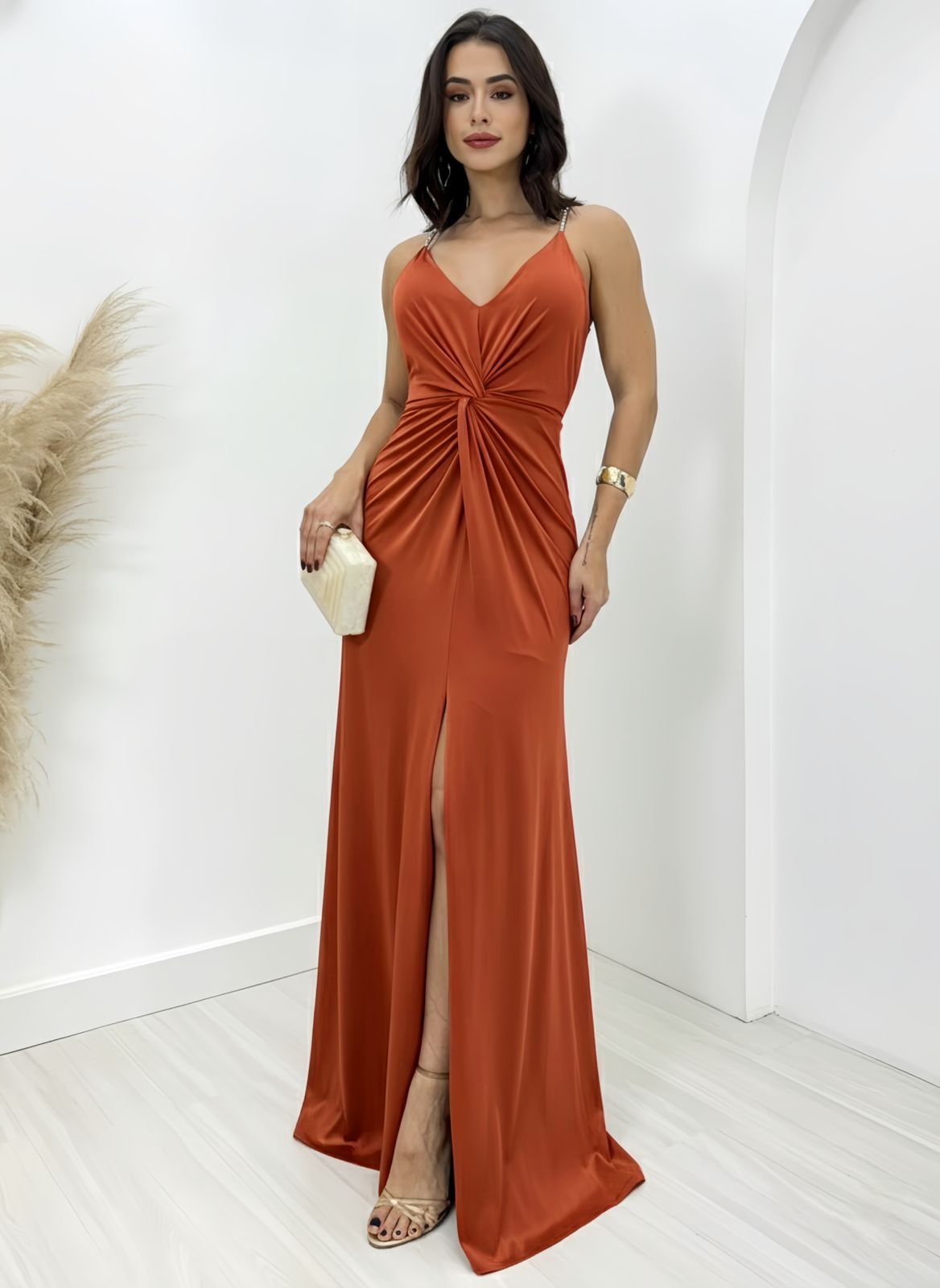 Vestido De Festa Longo Alca Brilho Valentina Terra Cota