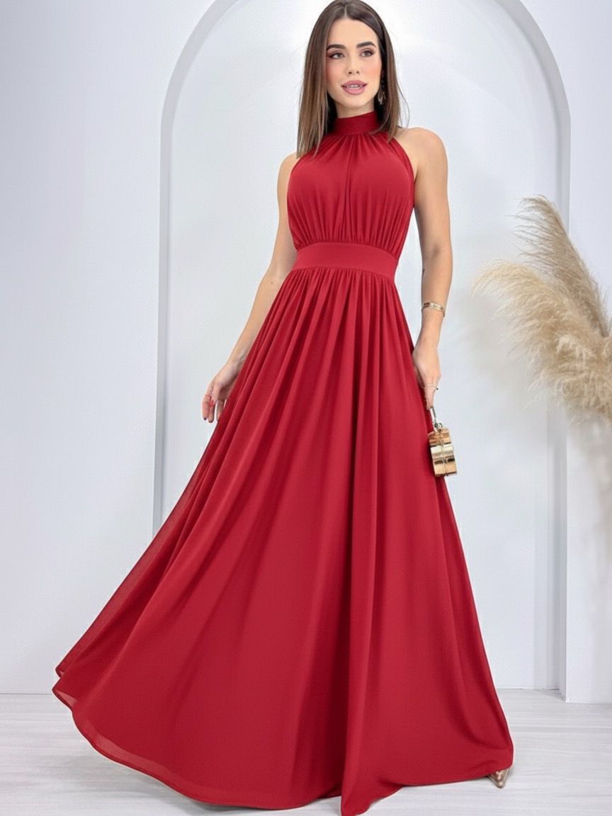 Vestido De Festa Longo Gola Alta Amelie Vermelho