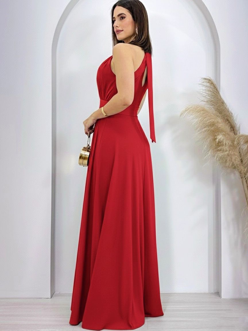 Vestido De Festa Longo Gola Alta Amelie Vermelho
