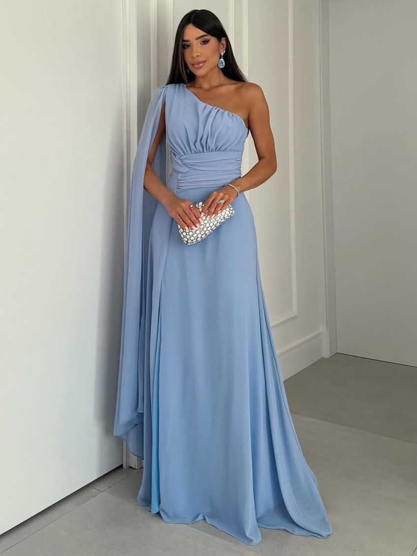 Vestido De Festa Longo Nula Manga Iris Azul
