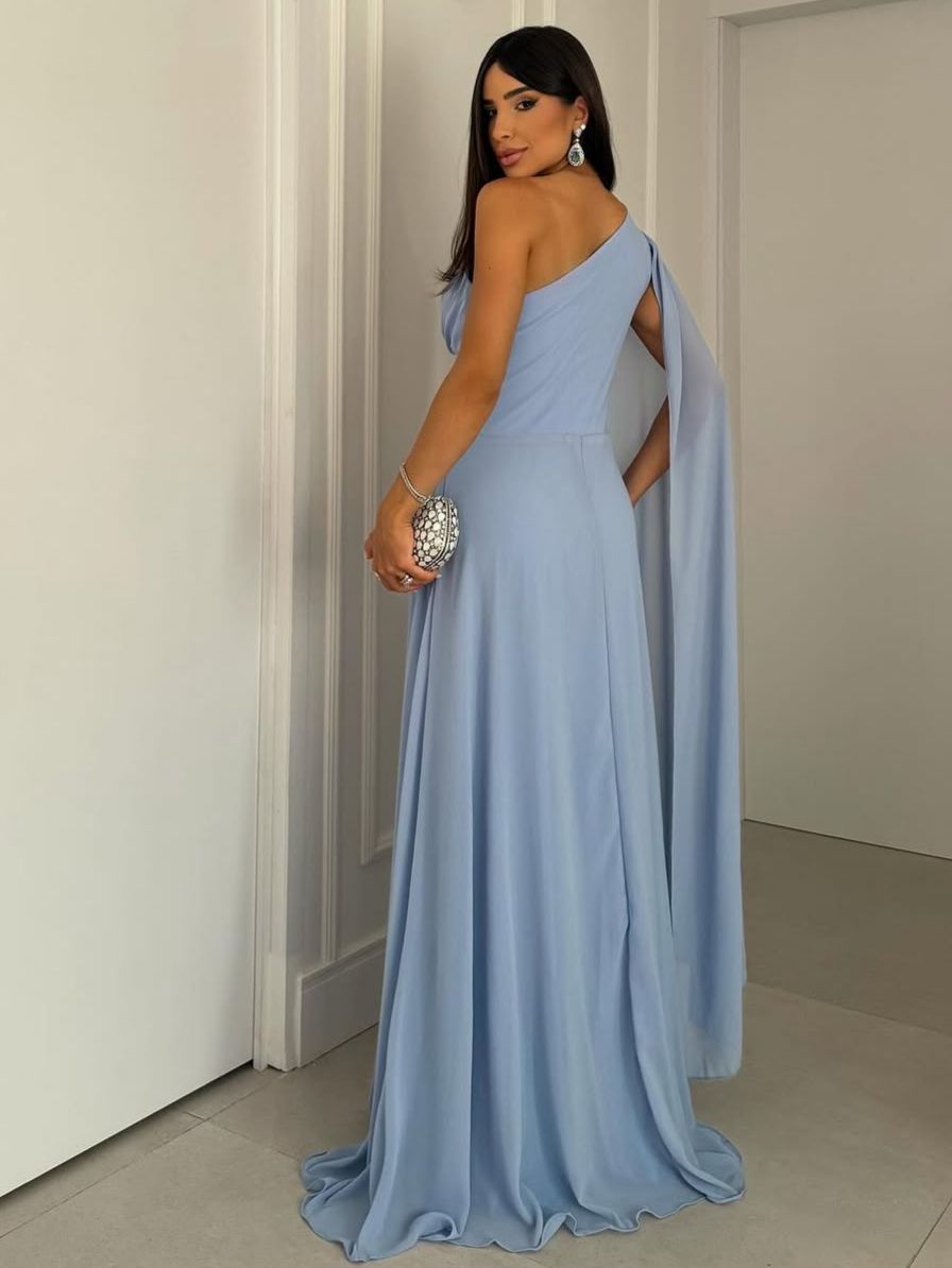 Vestido De Festa Longo Nula Manga Iris Azul
