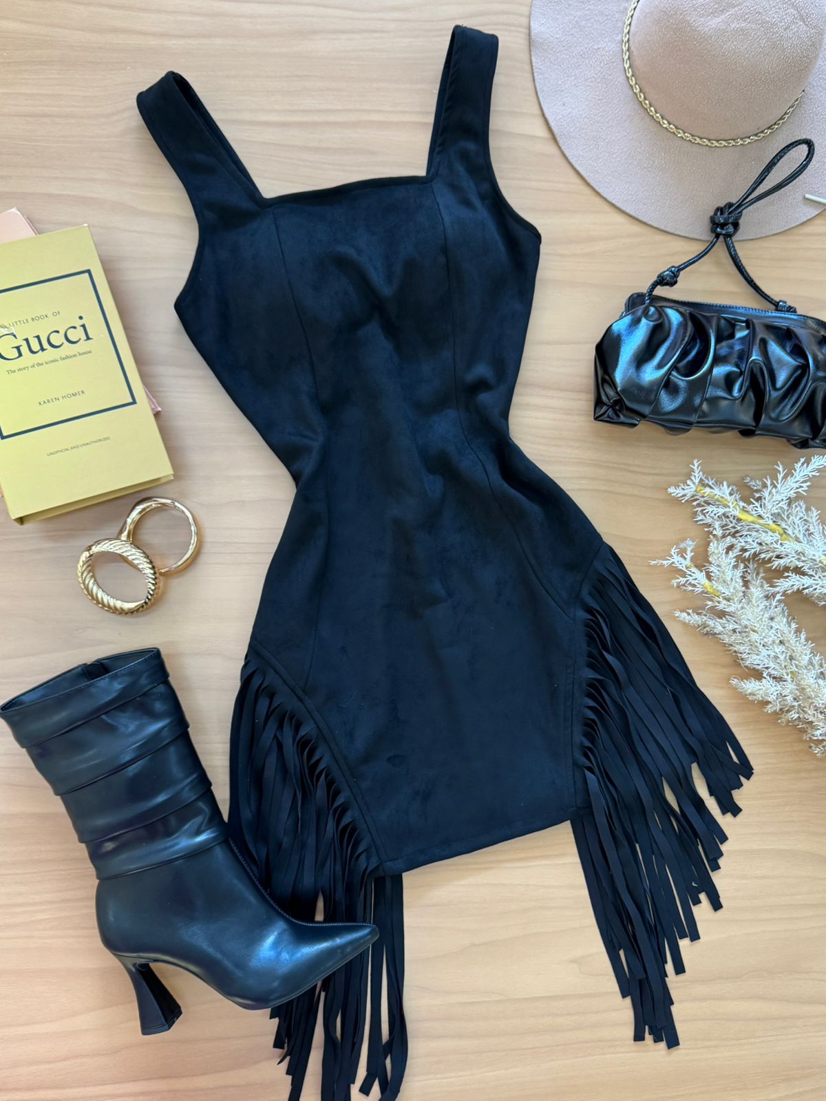 Vestido Sued Franja Sara Preto