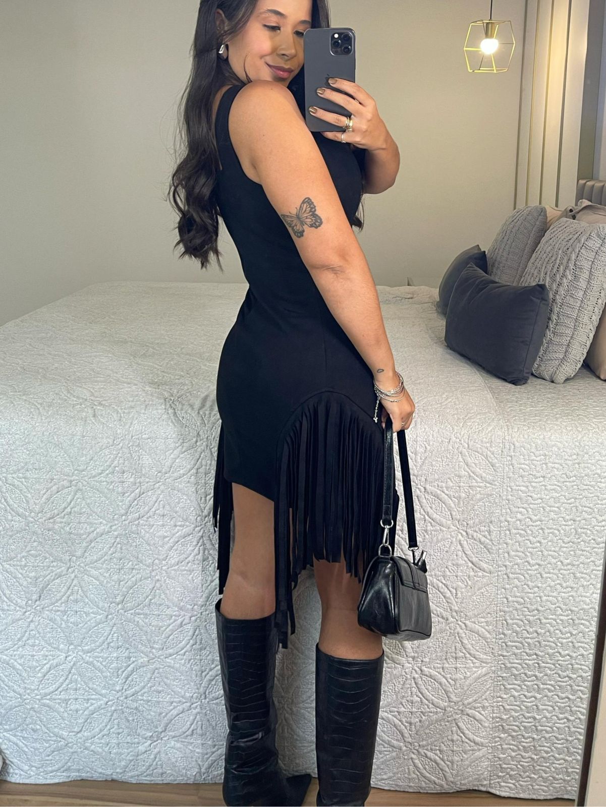 Vestido Sued Franja Sara Preto