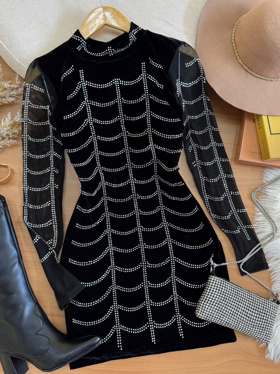 Vestido Tule Veludo Brilho Duda Preto
